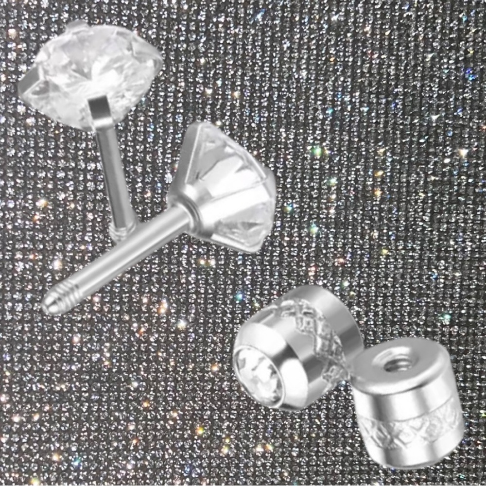 Diamond stud screw on earrings 6mm Hypoallergenic Cubic Zirconia Stainless steel - Picture 5 of 8